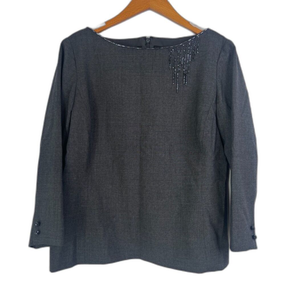 Dana Buchman Dark Gray Beaded Neckline Fringe Wool Blouse Back Zip‎ Size 12P